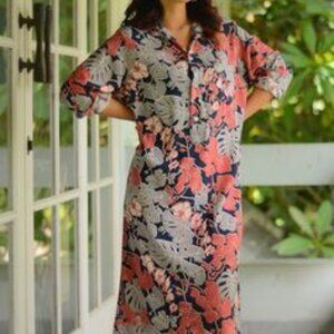 Balizen Orchid Coral Floral Shift Midi Dress Large Blue NEW Shirt Dress Vacation